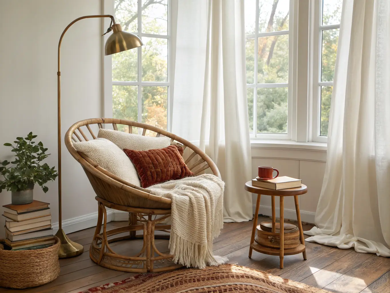 Sunlit boho reading nook with rattan papasan chair, macramé throw, stool with books and terracotta mug, brass lamp, kilim rug, and trailing pothos by an arched window with sheer curtains.