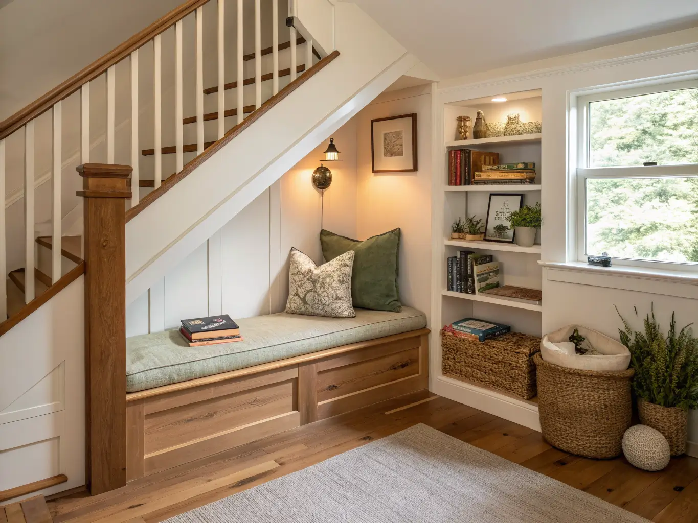Photorealistic under-stairs reading nook with cushioned wooden bench, brass sconce, sage and cream pillows, wool throw, floating oak shelf with books and pampas grass in warm afternoon light.