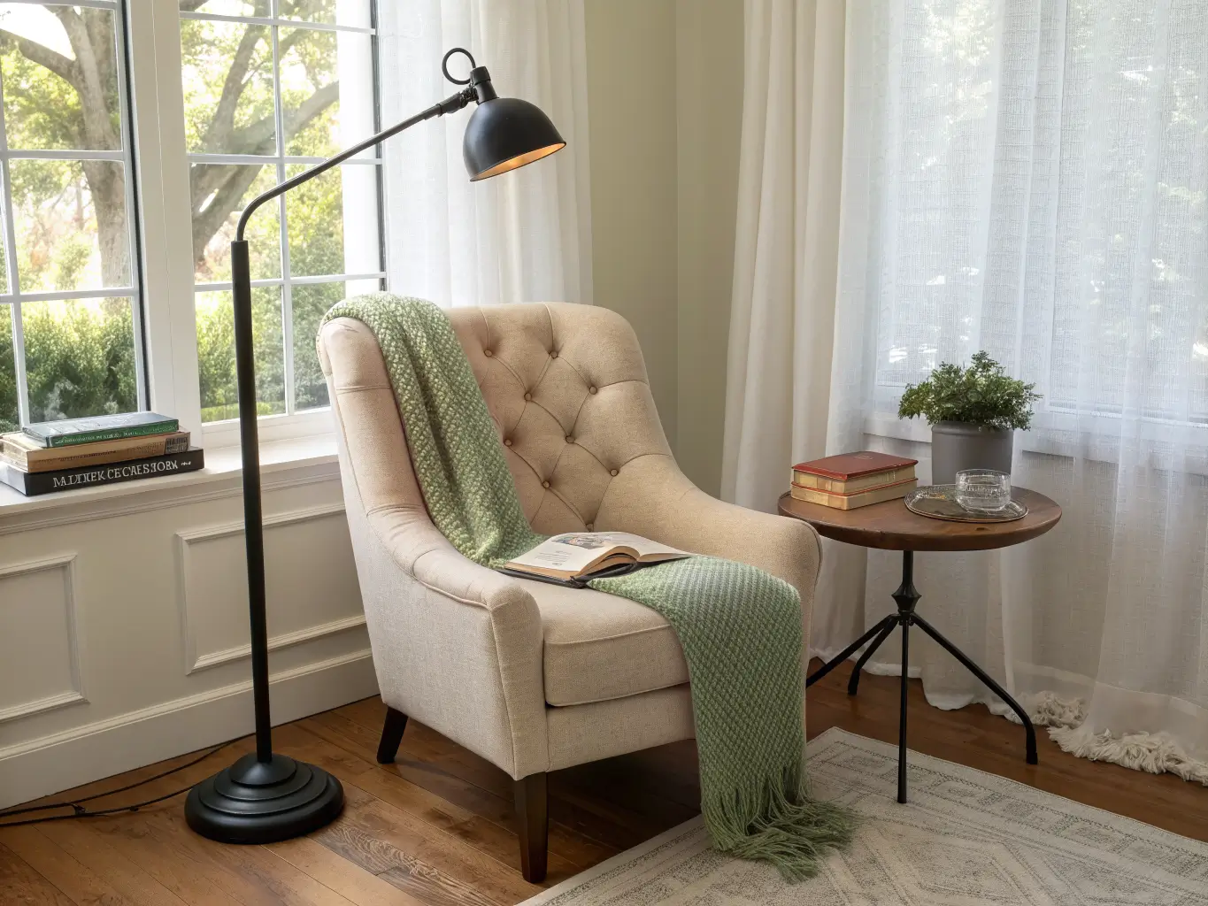 Photorealistic home office nook with an oatmeal tufted armchair by a window with sheer curtains, a matte black floor lamp, marble side table with books and glasses, and a cream rug in soft morning light.