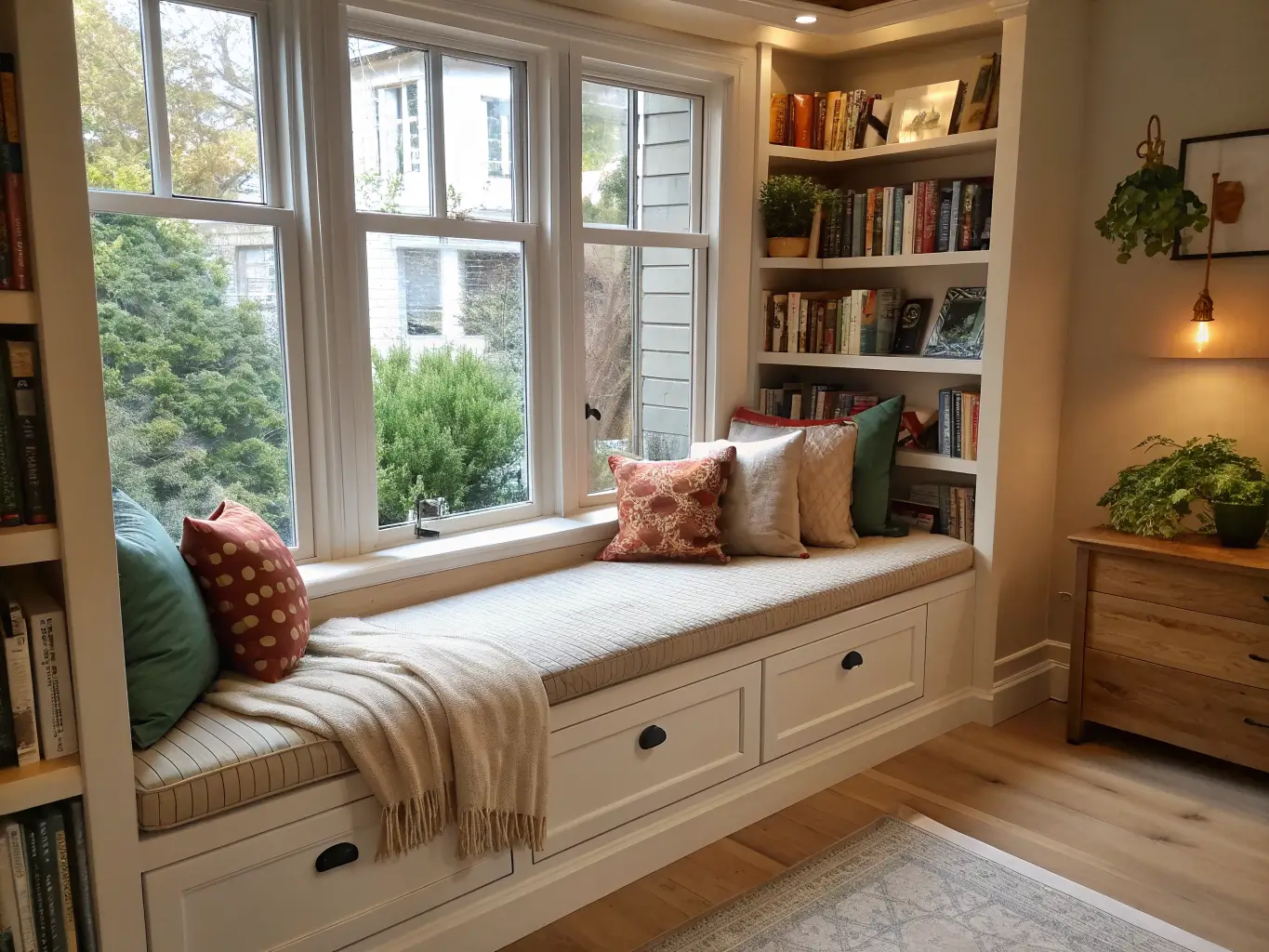 Photorealistic bay window reading nook with cream linen window seat, sage and rust pillows, chunky knit throw, oak shelves with books and plant, and a brass sconce glowing at twilight.