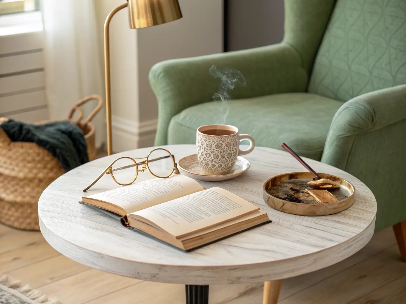 Close-up of a whitewashed oak round side table with a steaming ceramic mug, tortoiseshell glasses on an open book, and a brass dish with dried eucalyptus, with a cream boucle chair and warm floor lamp softly blurred behind.