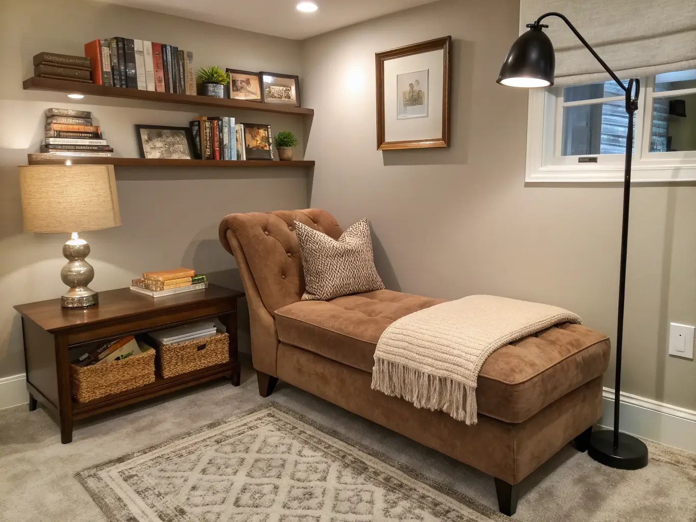 Warmly lit basement corner reading nook with taupe velvet chaise lounge, floor lamp, wooden bench with books and cream throw, floating shelf, and cream-and-charcoal rug on concrete-look floor.