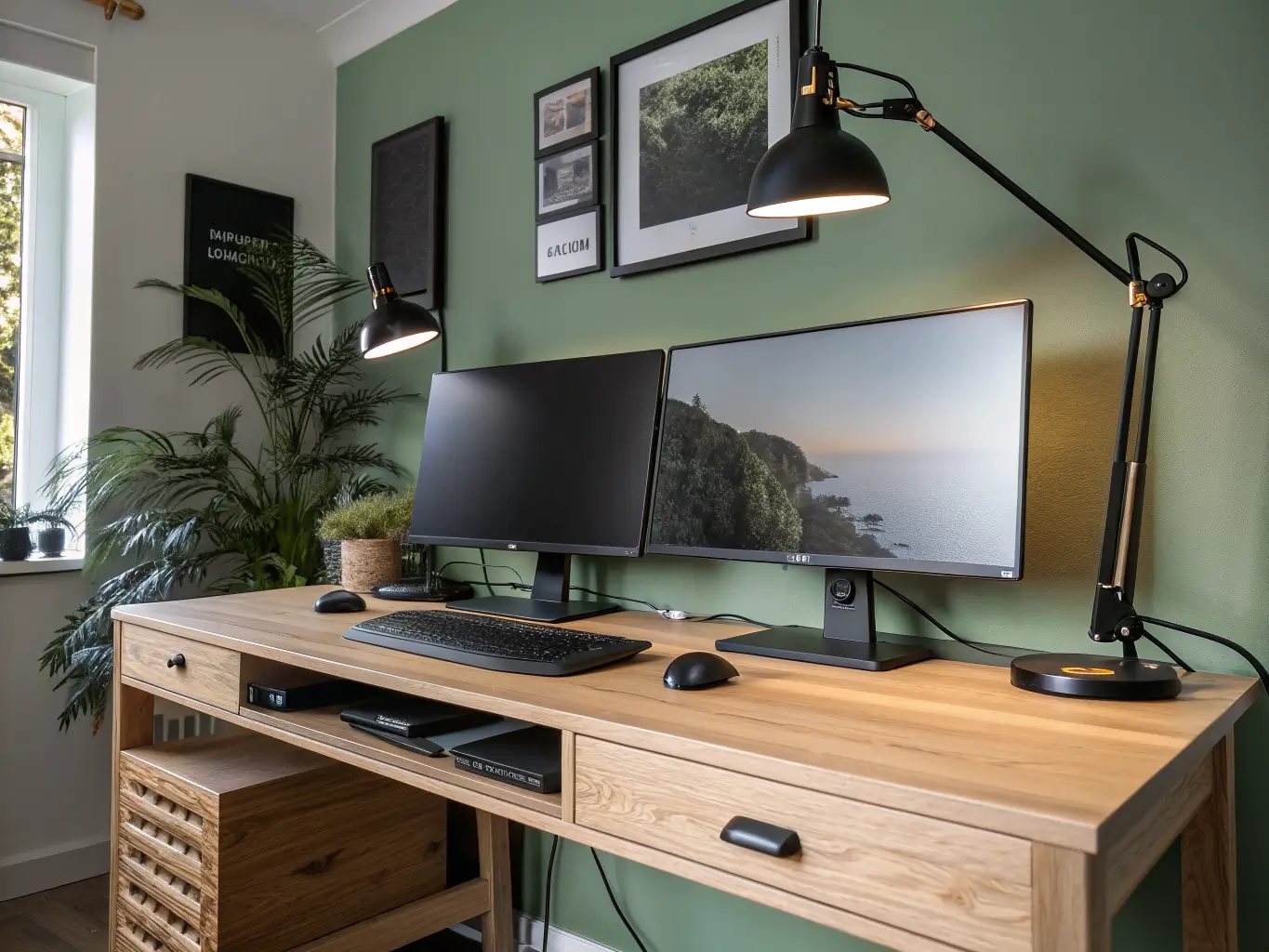 Close-up of a light oak study desk corner with dual monitors, cable tray, brass-handled drawers, LED task lamp, warm floor lamp bokeh, sage wall art, and a small succulent.