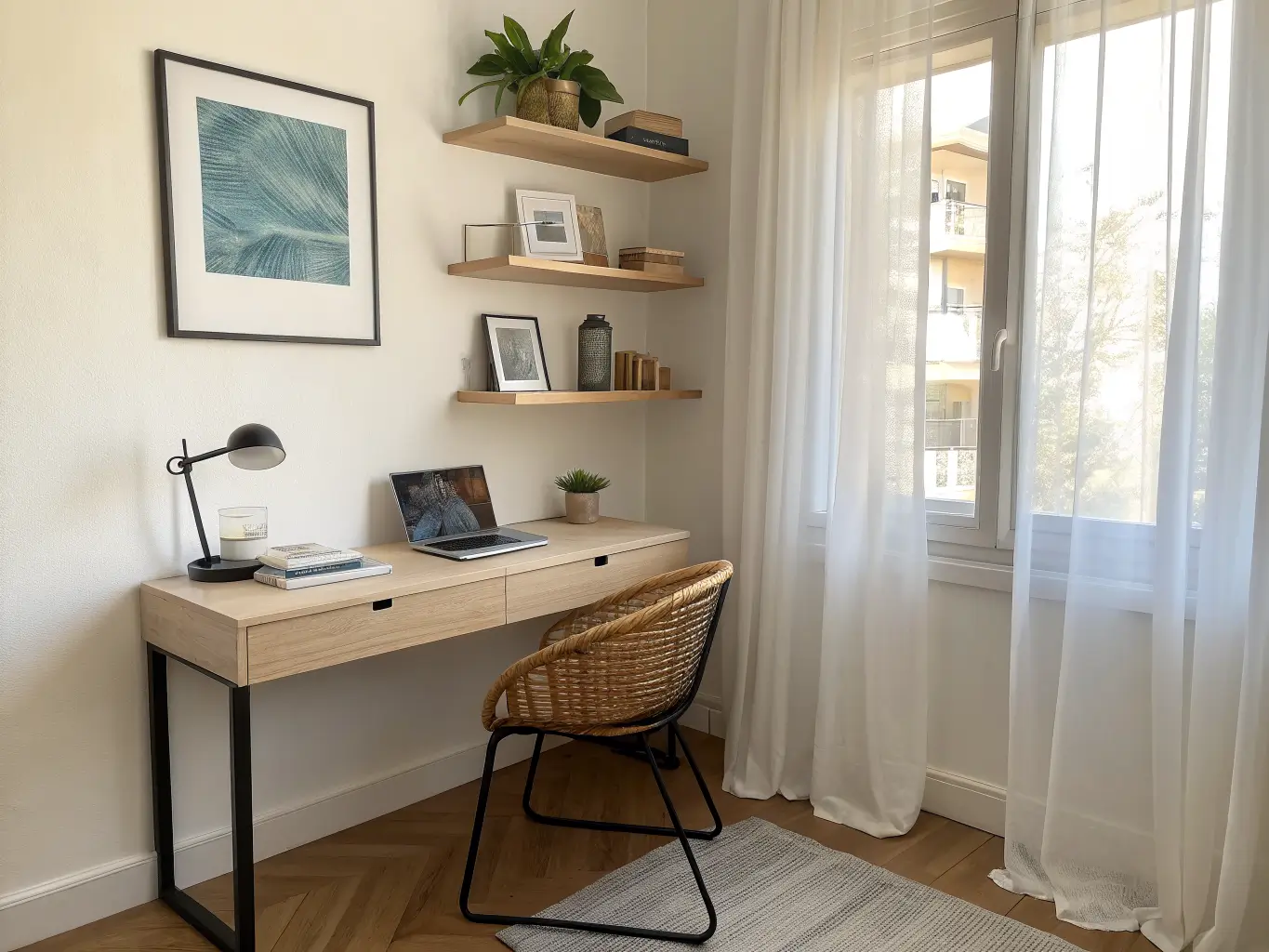 Minimalist bedroom study nook with a floating light-oak desk, black metal chair, brass task lamp, and floating shelves in soft late-morning light.