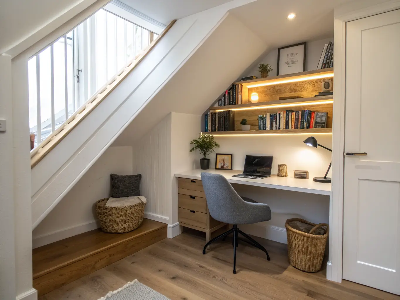Under-stair niche turned into a compact study alcove with a floating light-wood desk, gray chair, black wall sconce, and three shallow shelves with a pothos, book, and basket in soft daylight.