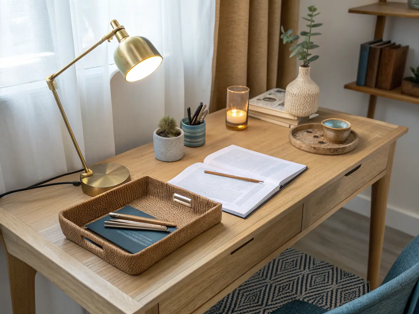 Close-up of a Scandinavian study nook desk corner in golden-hour light with woven leather tray, open notebook, eucalyptus vase, brass task lamp, and a dusty blue coaster.
