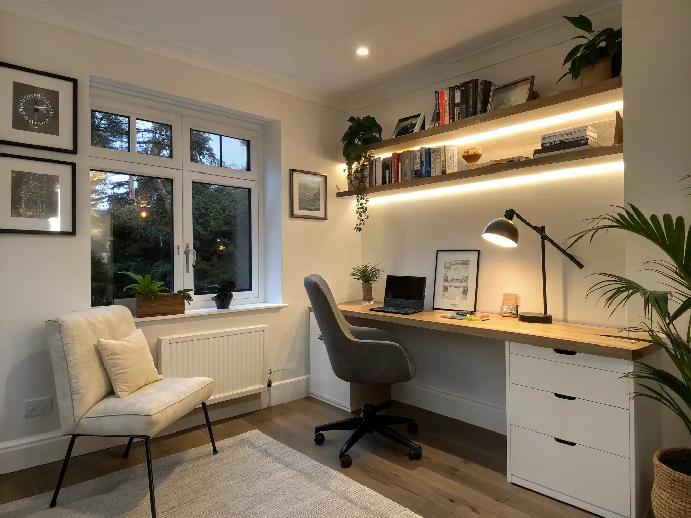 Wide, low-angle dusk photo of a converted living room alcove home office with a half-folded pale oak wall desk, brass lamp, LED-lit floating shelf, slim black-framed cream chair, monochrome print, and trailing pothos in warm blue-hour lighting.