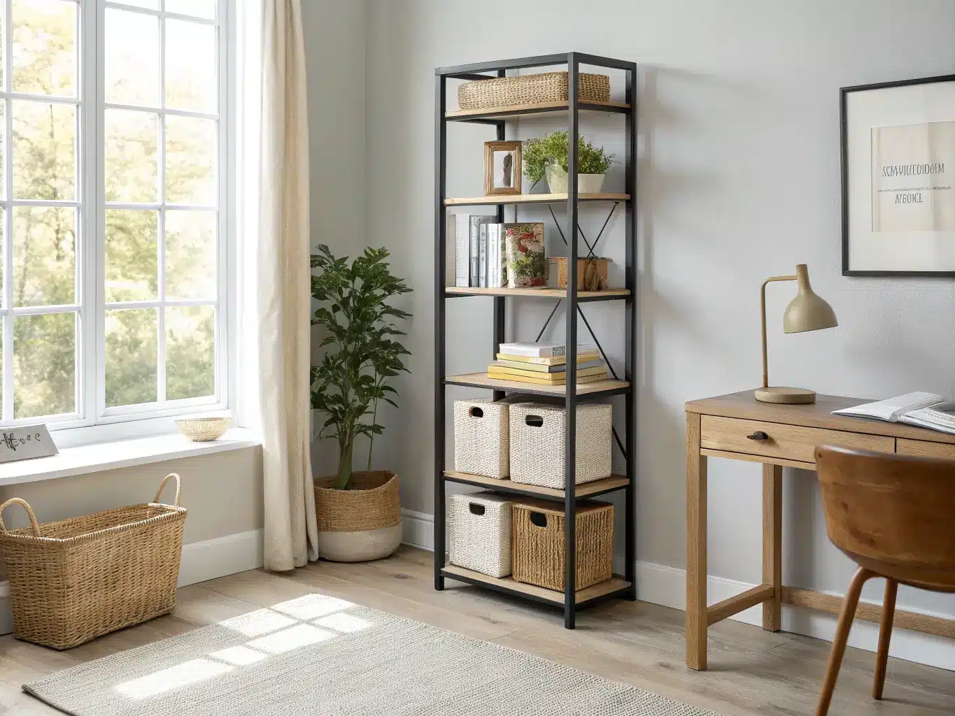 Tall narrow pale-oak bookcase with black metal accents in a minimalist study corner, holding woven bins, neutral books, a ceramic bowl, and a trailing plant beside a light gray wall in bright window light.