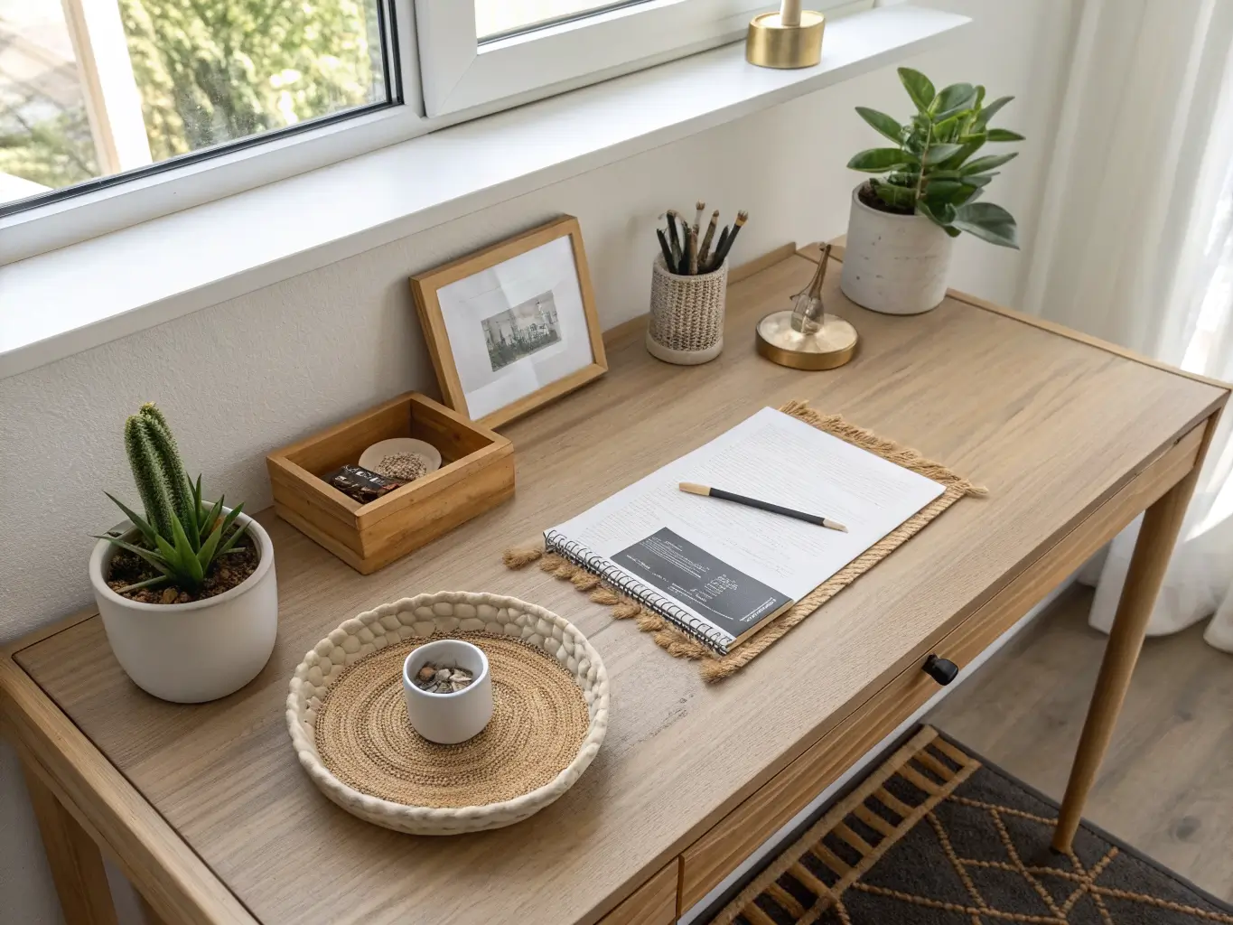 Overhead minimalist flat lay on a light oak desk with a cream potted succulent, a framed mini print, and a woven-edge tray holding two pens and a paperclip dish on an oatmeal linen mat.