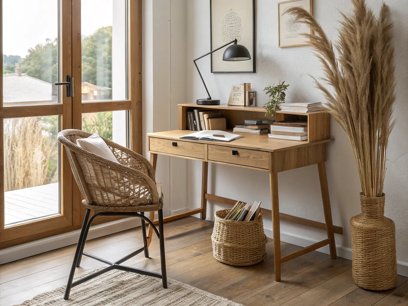 Japandi-style study nook with light oak desk, rattan chair, floating shelf with basket, pampas grass, and linen books in warm diffused daylight