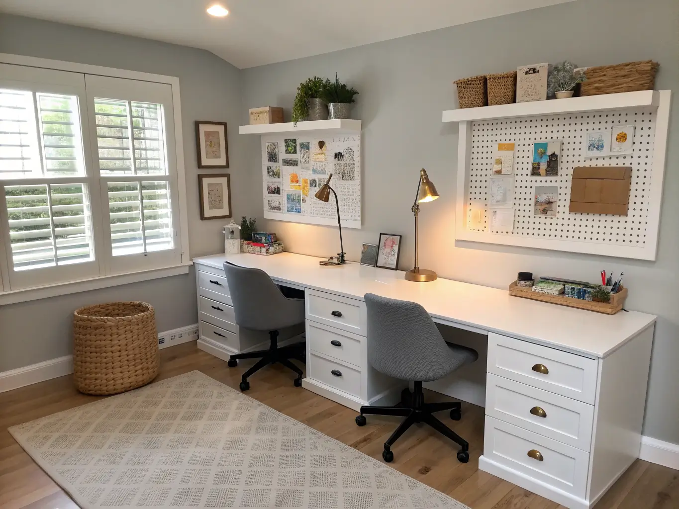 Symmetrical view into a shared sibling study room with two matching white desks under a window with half-drawn blinds, brass lamps, gray ergonomic chairs, woven baskets, pale gray walls with oak pegboard, and soft afternoon light on pale oak floors.