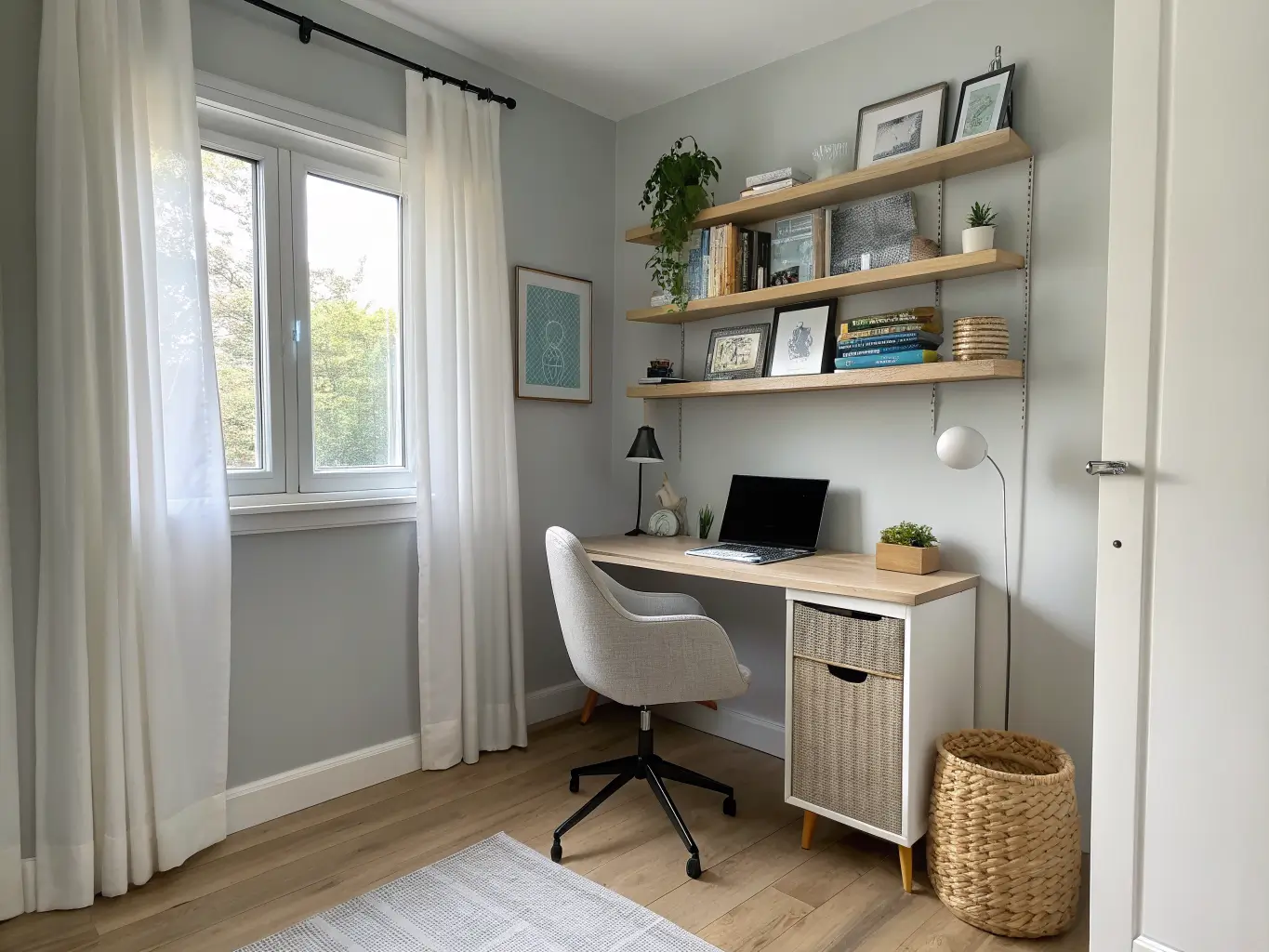 Wide-angle view of a bright small-space study in a 5x7 alcove with a floating desk under a window, cream ergonomic chair with 30-inch clearance, and shelves with a plant, framed print, and woven bin.