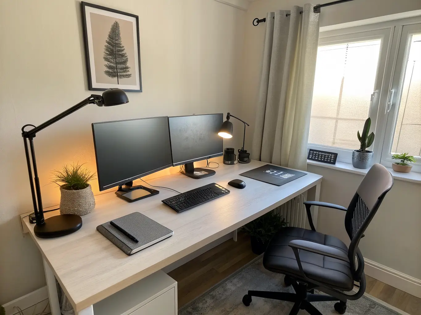 Photorealistic modern home office with aligned dual monitors on a white oak desk, warm window light, charcoal chair, minimal accessories, and clean cable management.