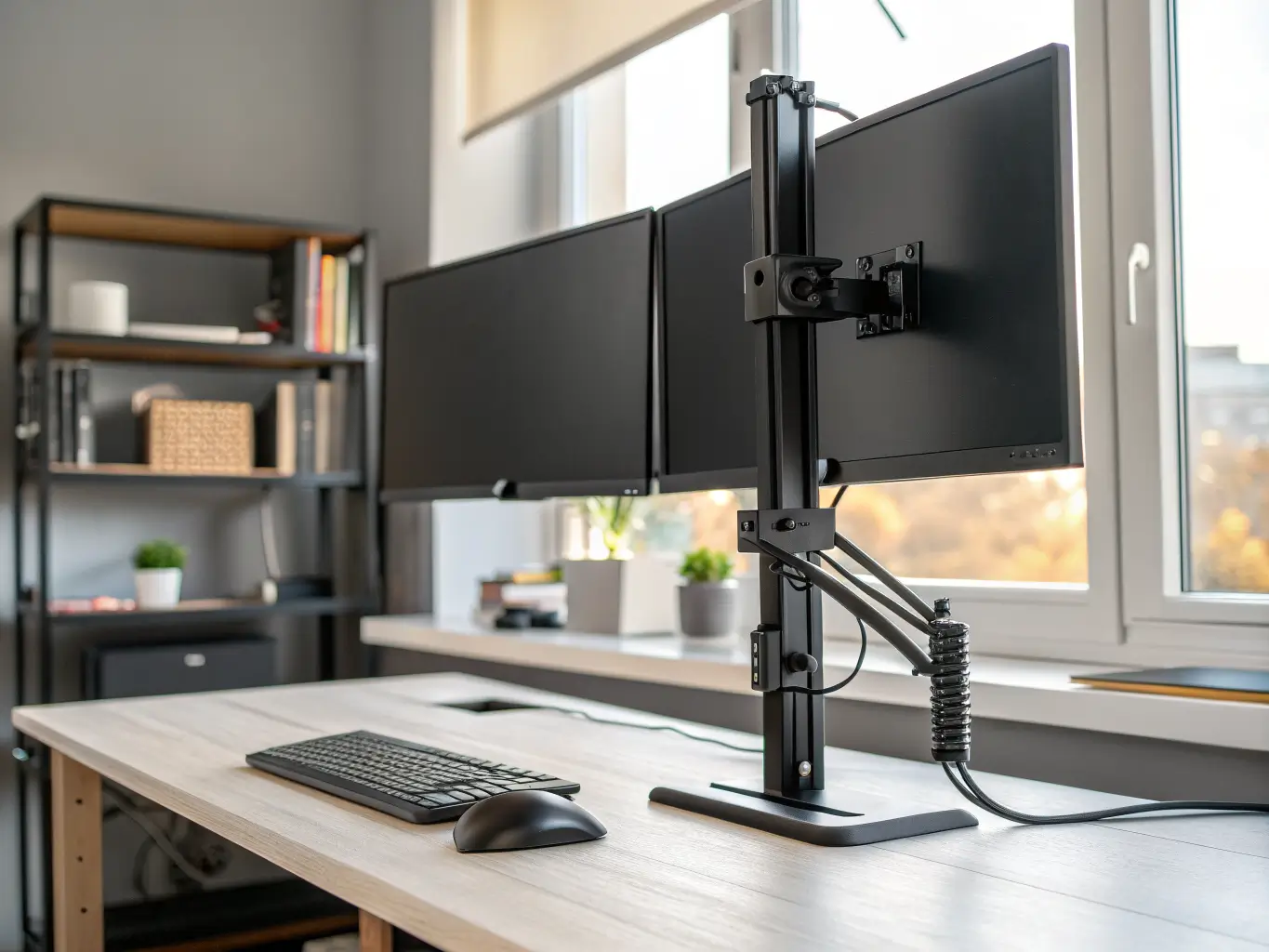 Close-up of a matte black dual-monitor arm on a white oak desk in warm afternoon light, showing brushed metal joints and neatly managed cables.