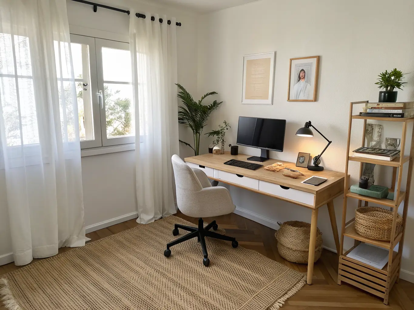 Photorealistic compact bedroom-corner home office with pale oak desk, dual monitors, ergonomic chair, jute rug, sheer-curtained morning light, and minimal decor.