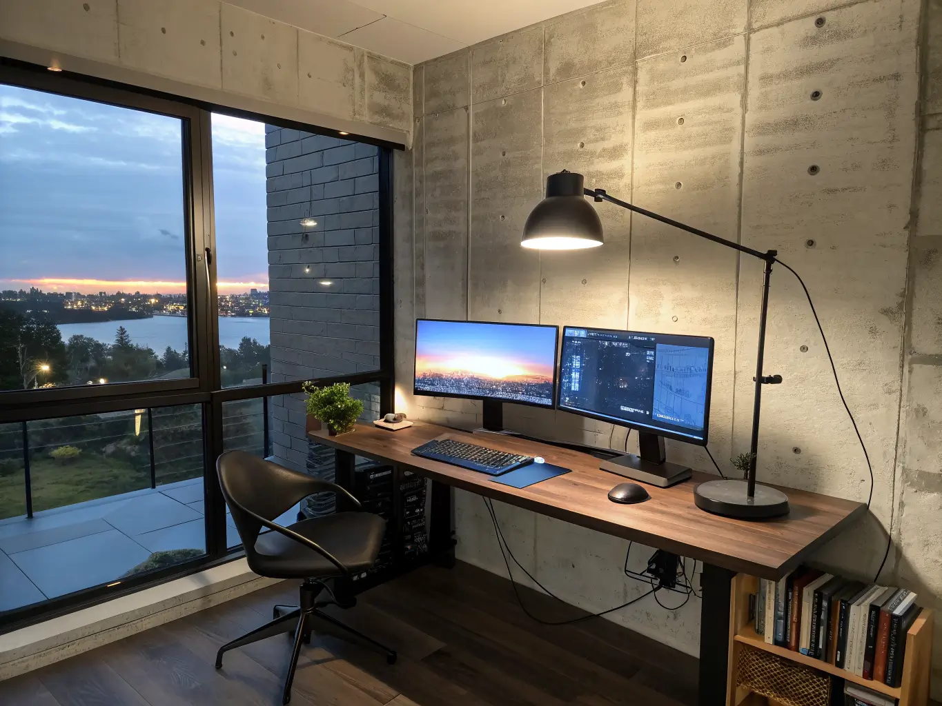 Photorealistic industrial-minimal home office with concrete wall, black-framed window, walnut desk, dual monitors on arm, and warm pendant light at dusk.