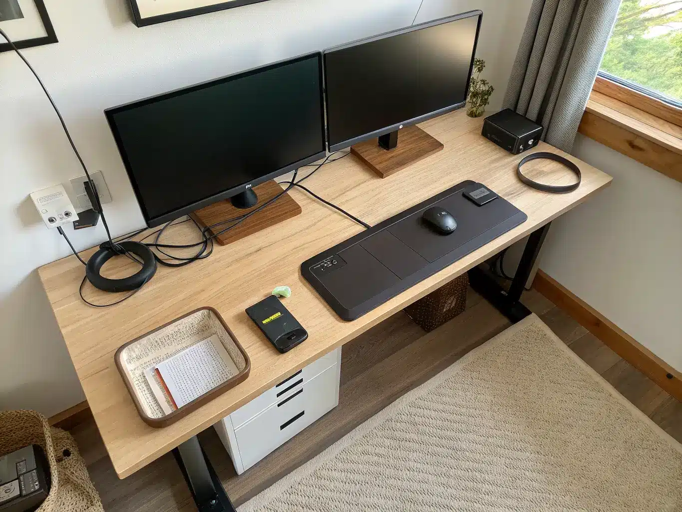Overhead view of a white oak desk with dual monitors on black arms and neatly sleeved cables routed through a grommet into a hidden felt tray, plus a woven cable box with a docking station.