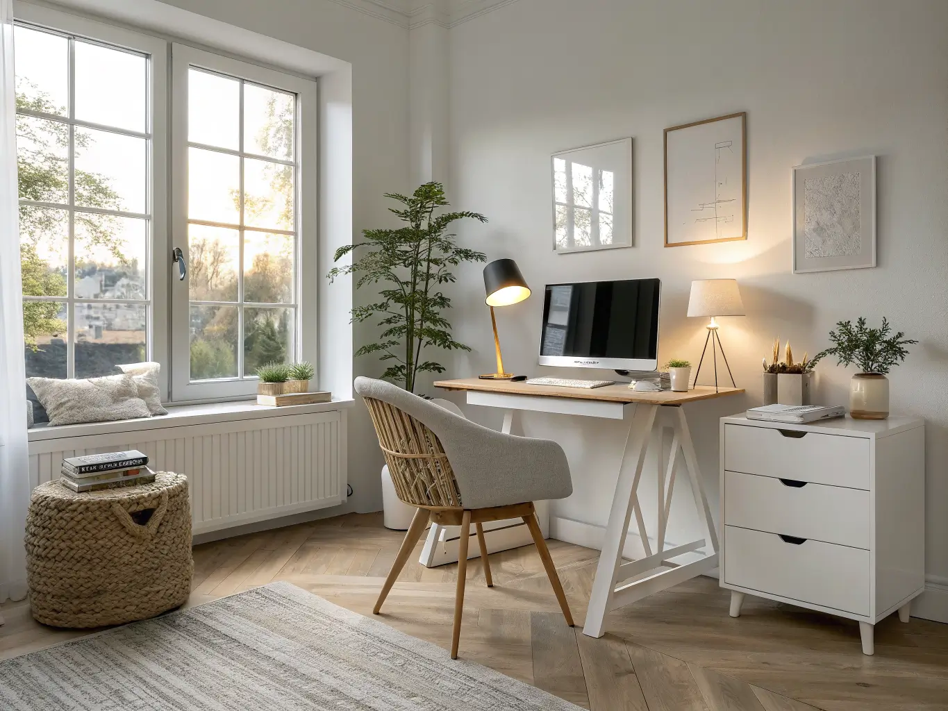 Scandinavian living room home office nook with pale oak desk, dual monitors on white arm, woven chair, pothos plant, ceramic lamp, and soft afternoon light on white walls and oak floor.
