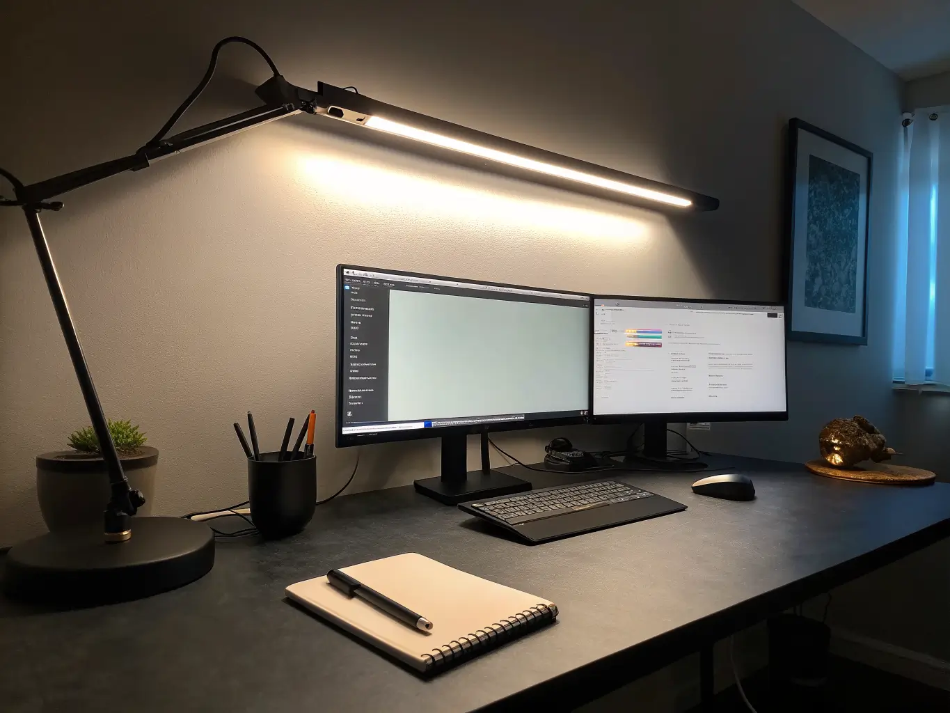 Home office at dusk with LED light bar over dual monitors casting warm light on a matte black desk, with a pen holder, notebook, and pothos plant against a deep charcoal wall.
