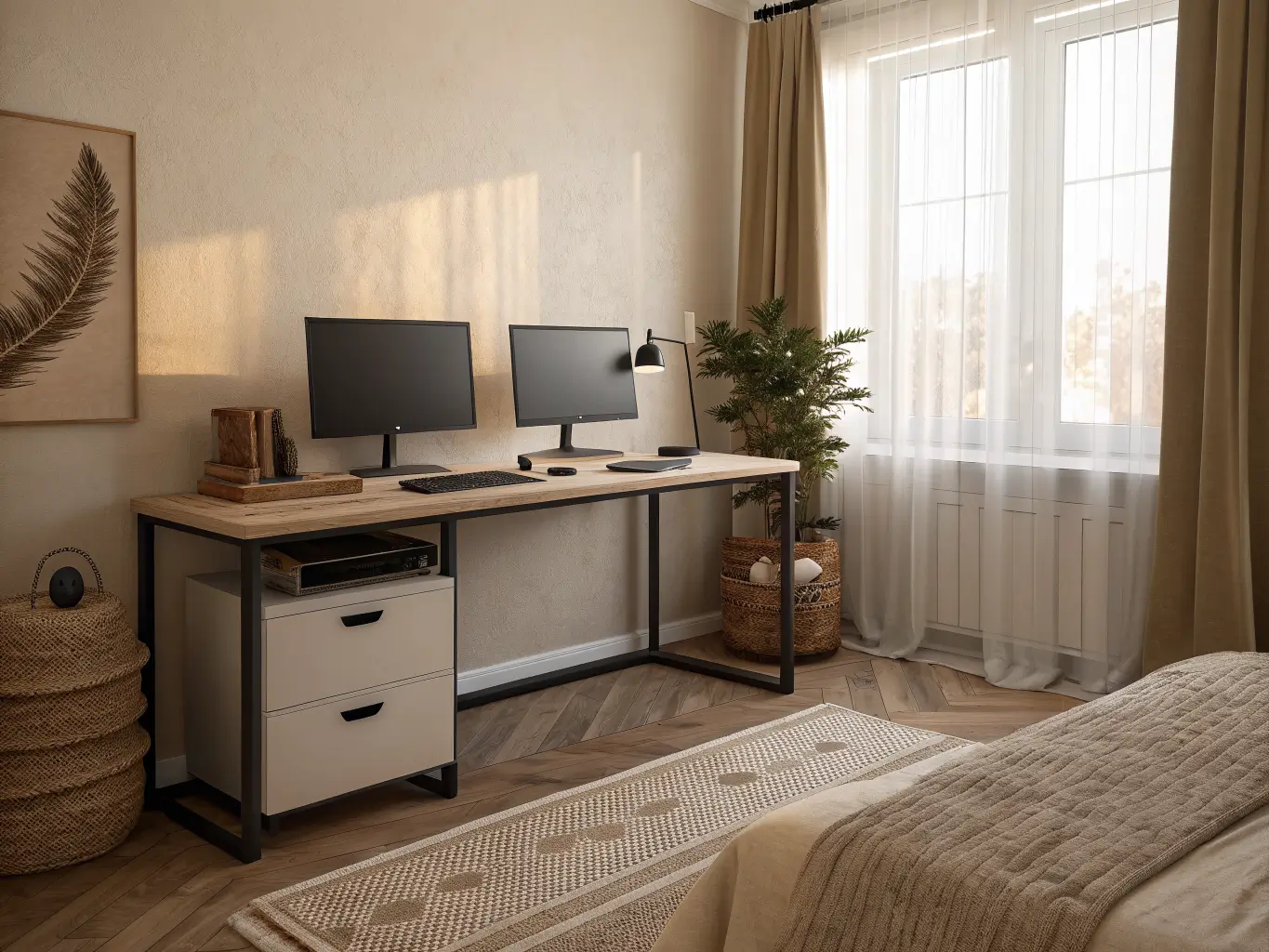 Photorealistic guest room office with pale wood desk, dual monitors on black arms (one vertical), warm morning light through sheer curtains, beige linen mat, felt boxes, ceramic lamp, and snake plant with blurred bed in background.
