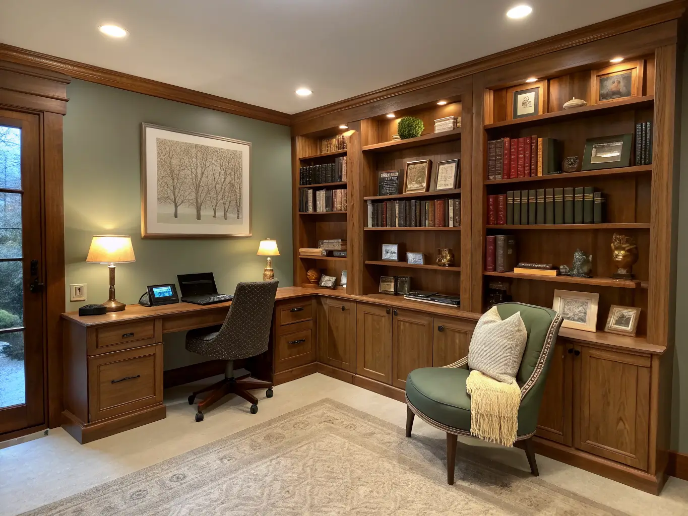 Photorealistic corner library-study with floor-to-ceiling oak bookshelves, desk and task chair, sage-green reading chair with cream throw, warm late-day lighting on gray walls and jute rug.