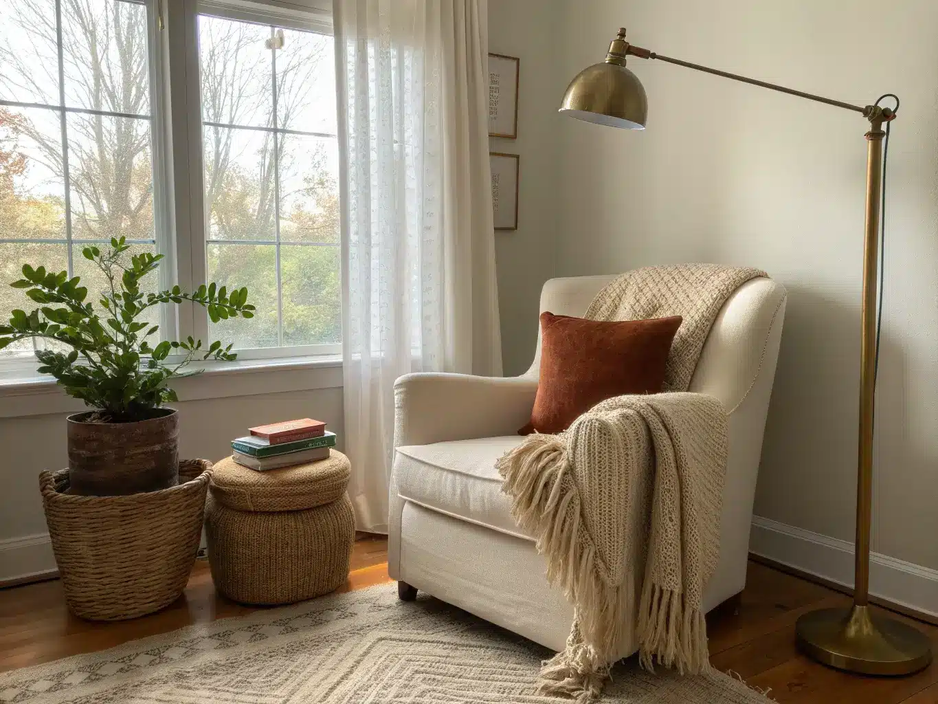 Cozy bedroom reading nook with a cream linen armchair, knit throw, rust lumbar pillow, side table with books and pothos, brass lamp, and morning light through sheer curtains.