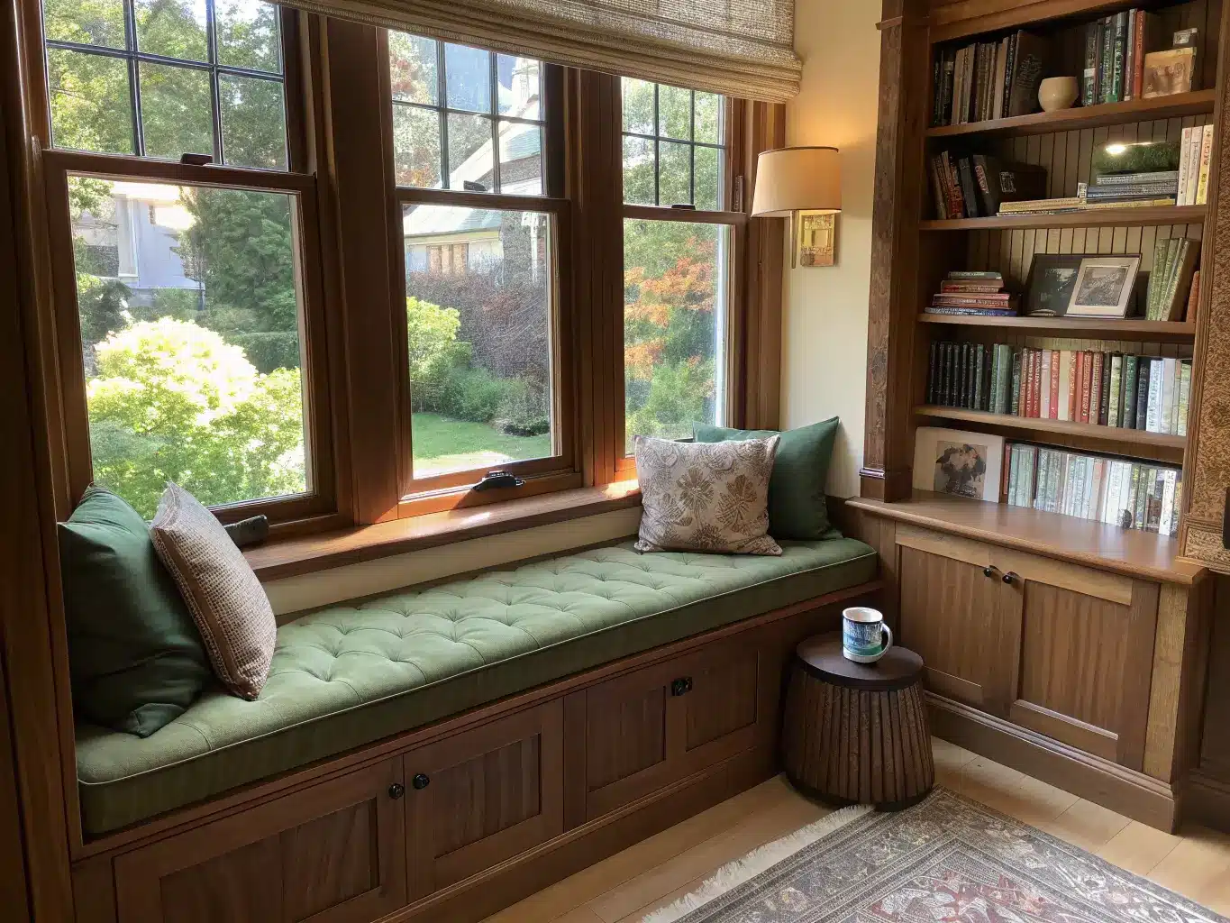 Bay-window reading nook with camel linen bench, moss green cushion, oak shelves of books, sheepskin throw, and mug in warm afternoon light.