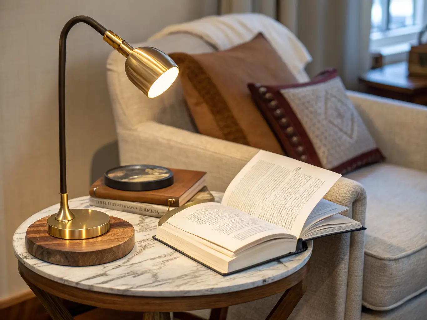 Close-up still life of a walnut C-table with marble coaster, brass task lamp, trailing pothos leaf, and two books, lit by warm lamp glow against cool dusk beside a linen reading chair.