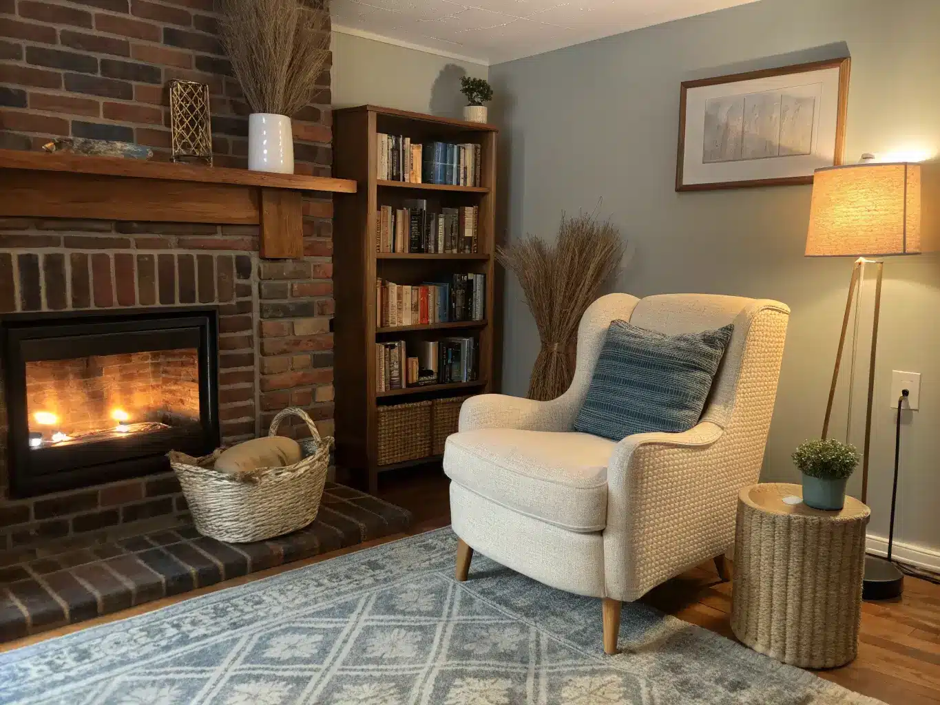 Cozy reading nook by a brick fireplace with a cream bouclé armchair, low wood bookcase, rattan side table, floor lamp, and dusty blue-taupe rug against a deep sage wall.
