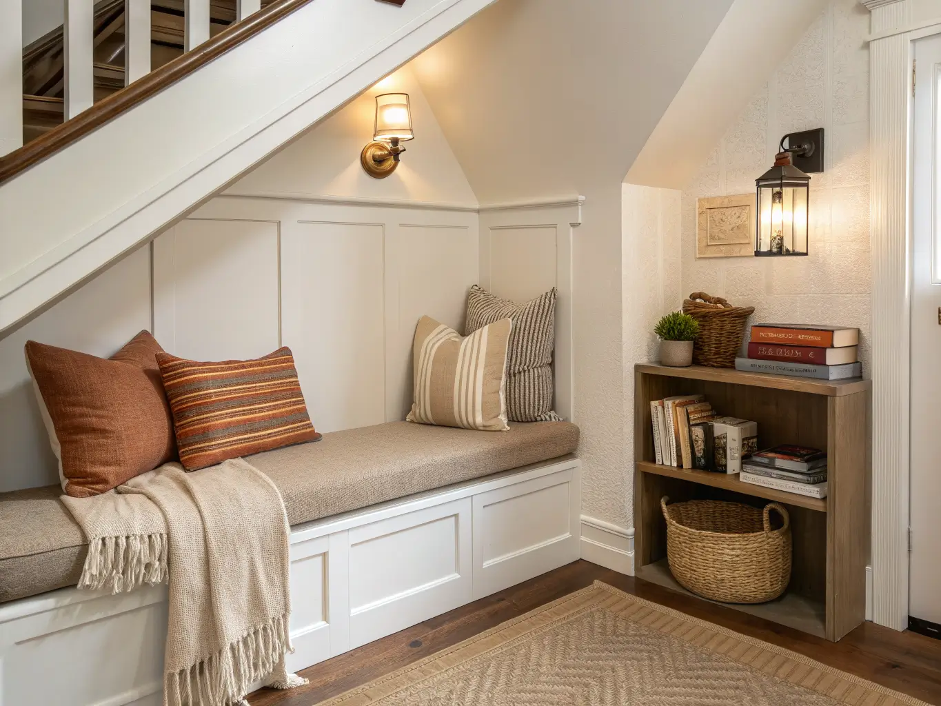 Under-stair alcove reading nook with taupe boucle bench, rust pillow, striped throw, brass sconce, and basket of blankets beneath.