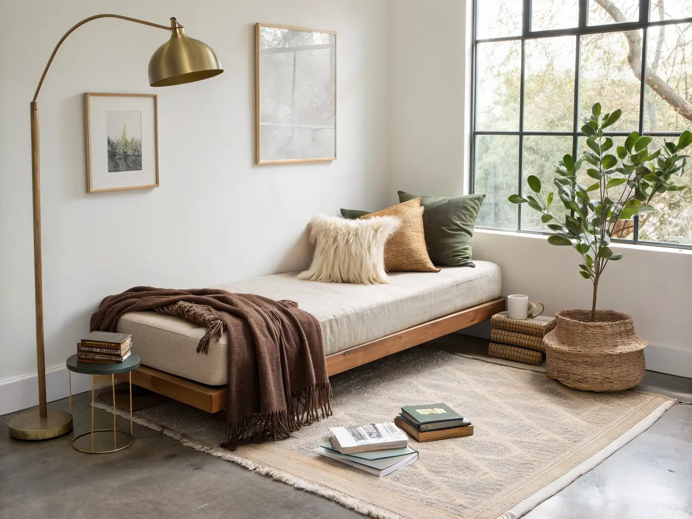 Minimalist hygge reading nook with linen daybed, wool throw, brass lamp, books, abstract art, olive tree, and soft rug in a calm home office corner.