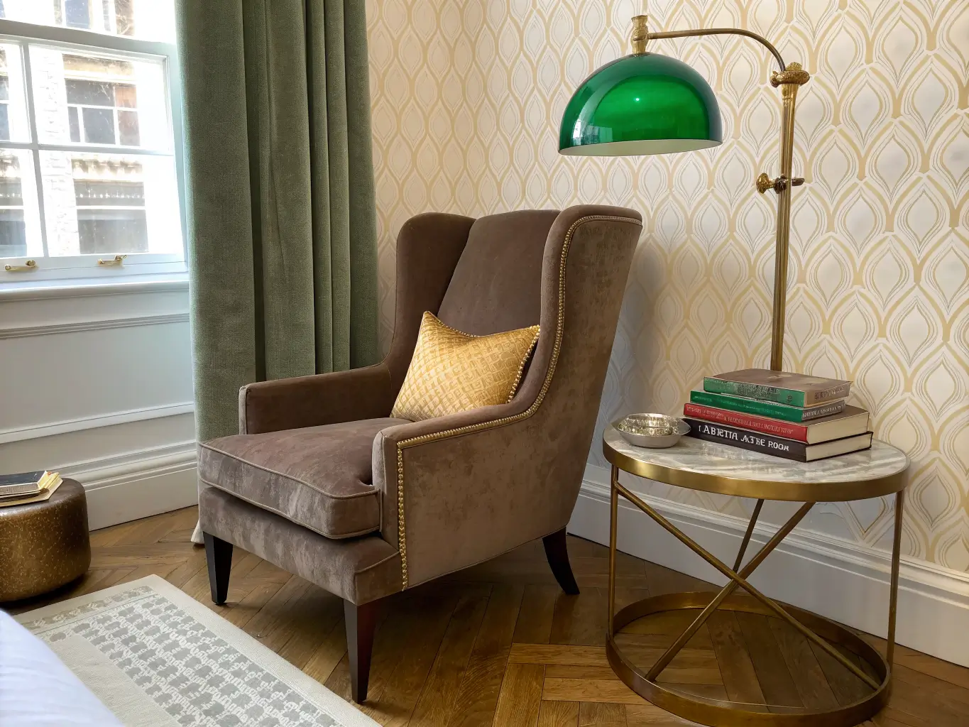 Modern traditional guest bedroom reading nook with deep taupe velvet wingback chair, brass lamp with green shade, marble side table with books, cream textured accent wall, and soft afternoon light.