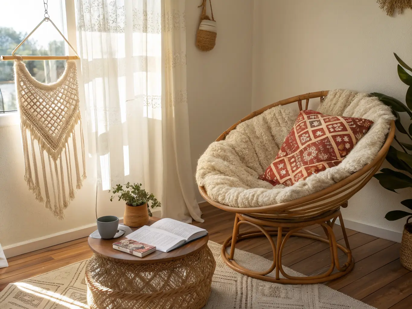 Boho reading nook with rattan papasan chair, sheepskin throw, macrame pothos, side table with mug and books, jute rug, and sunlit terracotta wall.