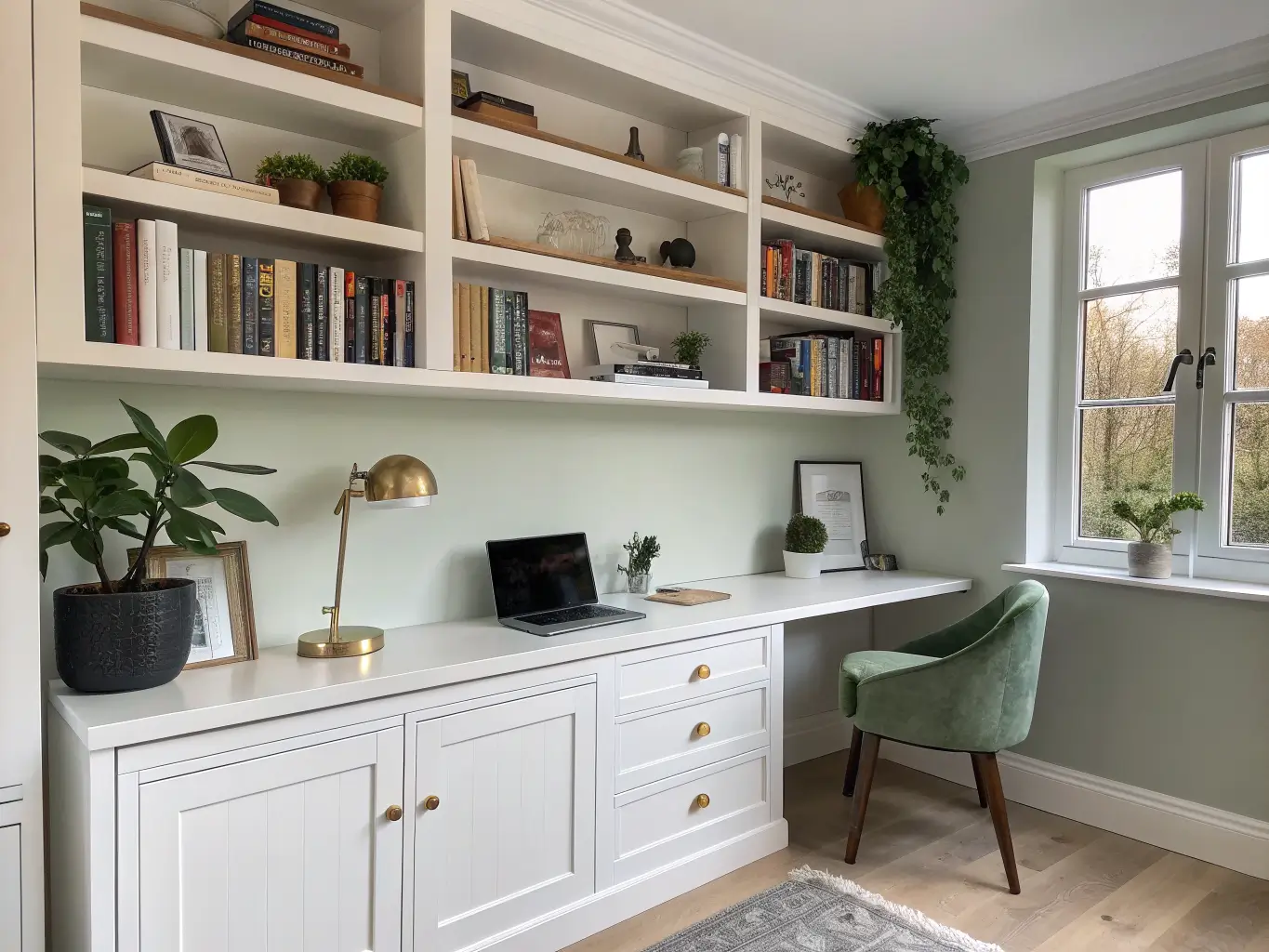 Straight-on view of a tidy study storage wall with floating oak shelves, books, a trailing plant and black vase above a white desk, and closed white cabinets with brass pulls below, lit by soft midday light.