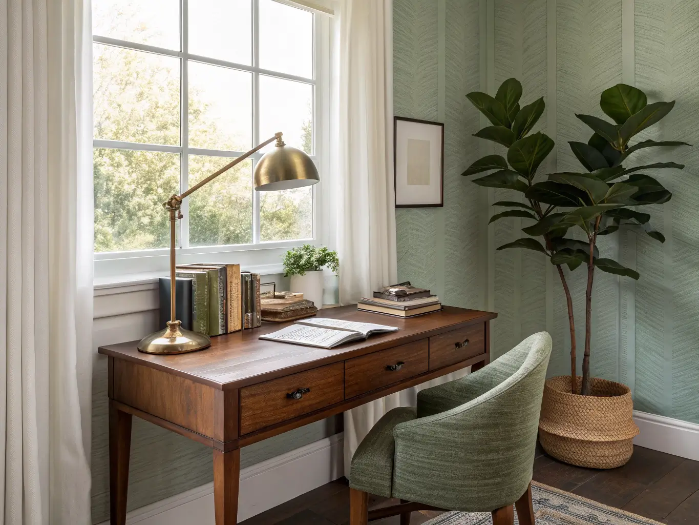 Photorealistic study nook with walnut desk, sage green textured accent wall, brass lamp, books, snake plant, and soft morning light through a sheer-curtained window.
