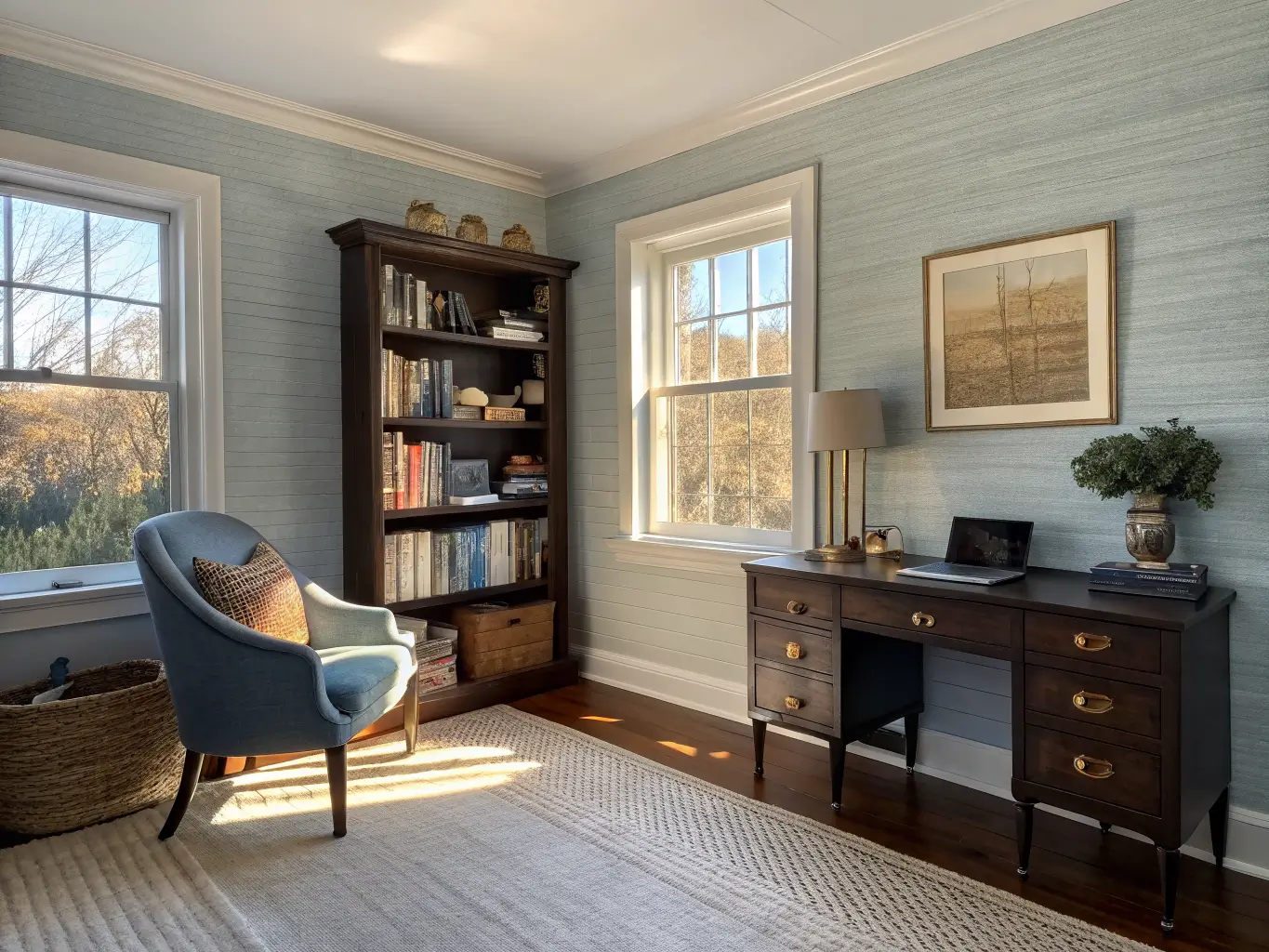 Wide-angle photorealistic home office with dusty blue grasscloth accent wall, dark wood bookshelf, charcoal linen armchair, and afternoon sunlight highlighting woven texture.