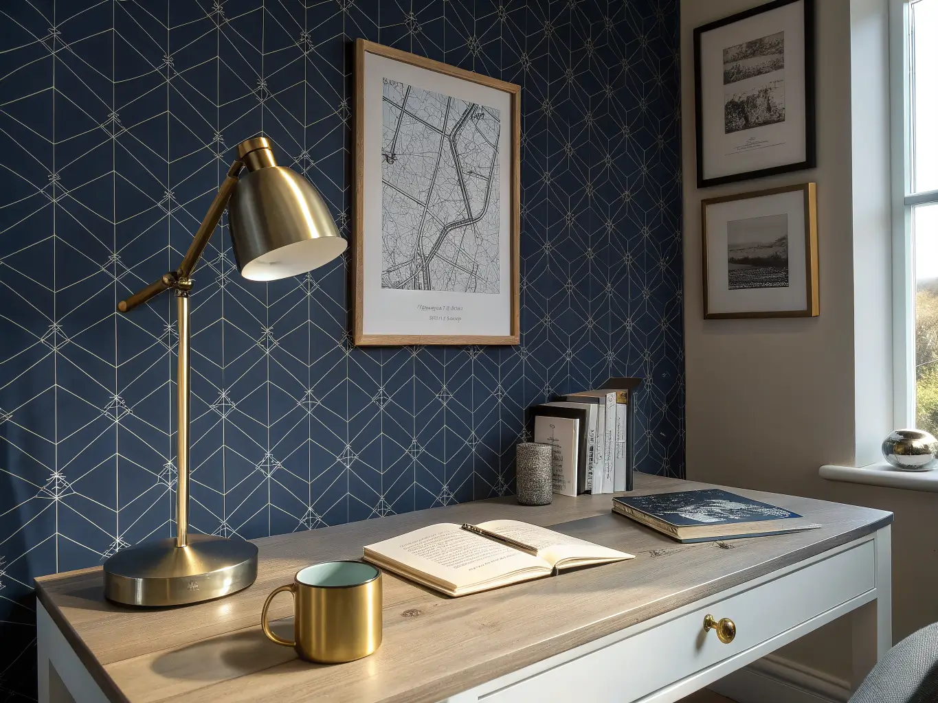 Close-up of a minimalist white oak study desk against navy patterned wallpaper, lit by a warm brass lamp beside an open notebook and silver-rimmed mug.