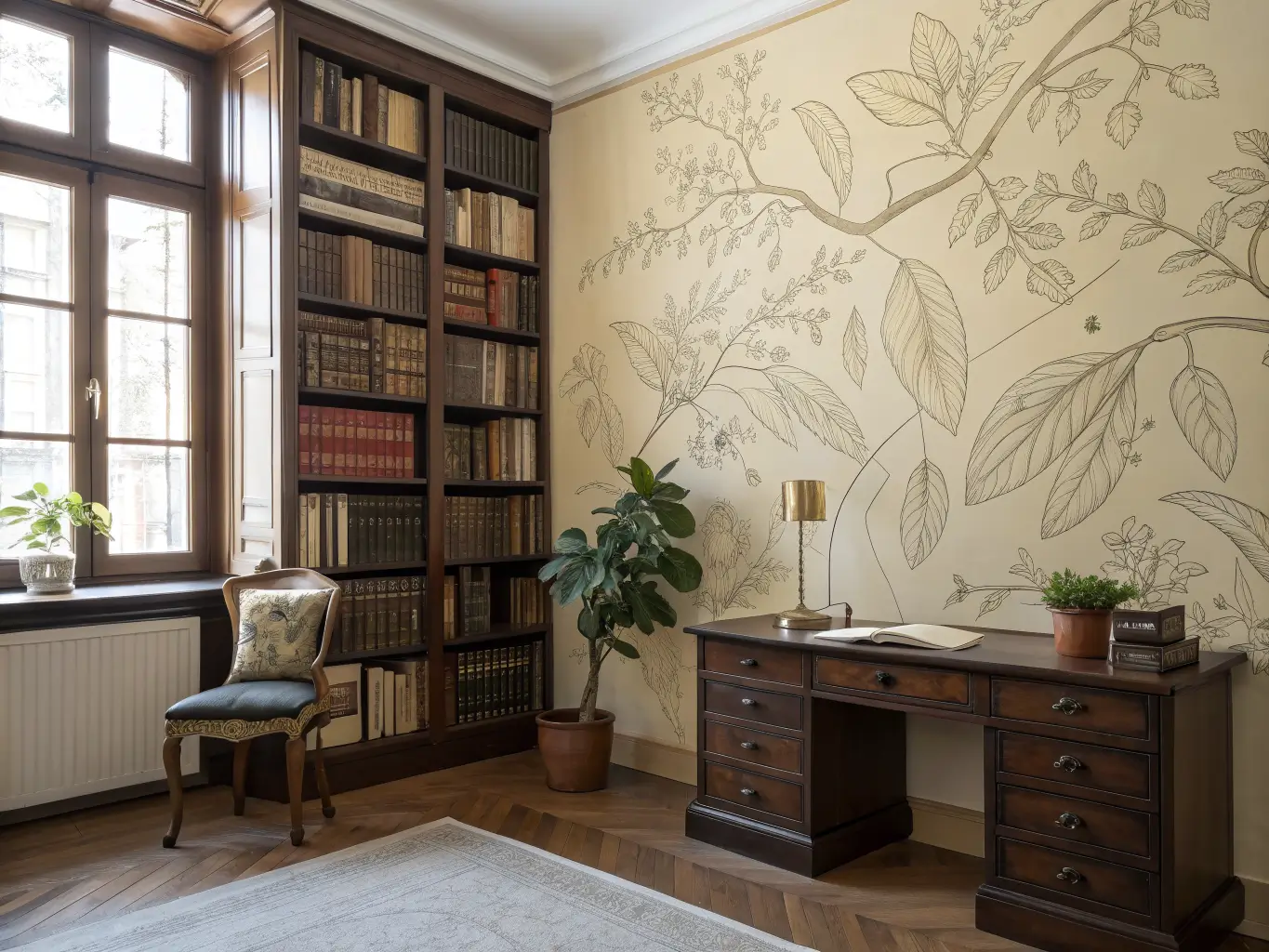 Photorealistic library-style study with botanical mural wallpaper behind a dark walnut desk, bookshelf of hardcover books, snake plant in corner, and sage-cushioned reading chair lit by soft window daylight.