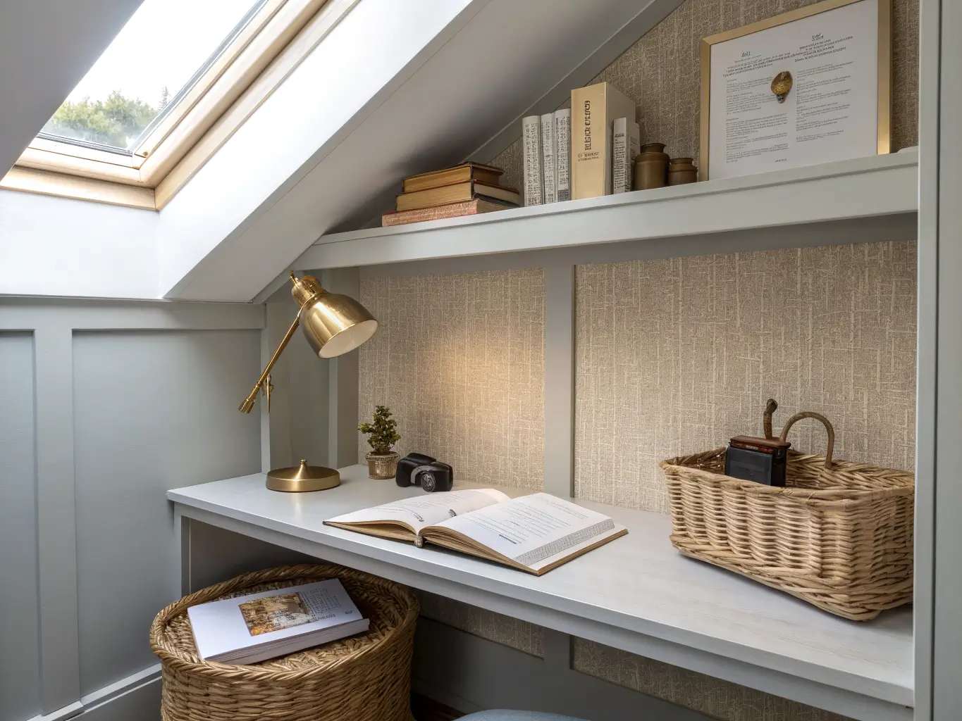Photorealistic study alcove under a sloped ceiling with a floating desk, beige textured accent wall, brass reading lamp, papers and open book, and morning light from a skylight highlighting wood beams.