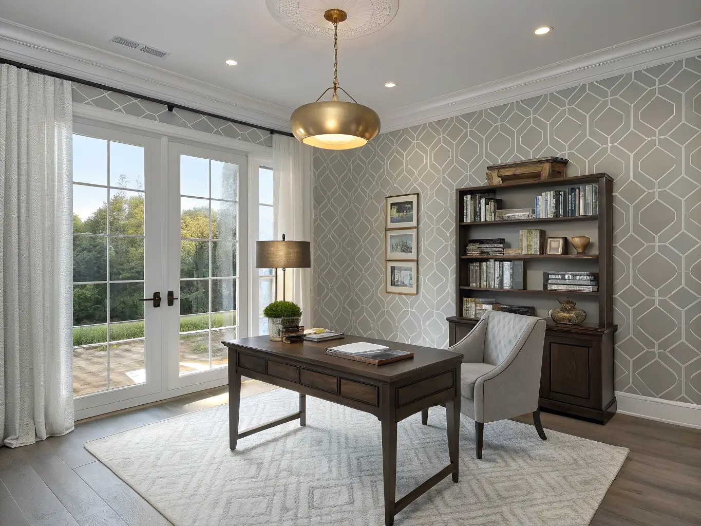 Wide doorway view of a spacious home office with subtle light gray geometric wallpaper, dark wood desk under a window with sheer curtains, brass pendant lights, low bookshelf, and a charcoal armchair.