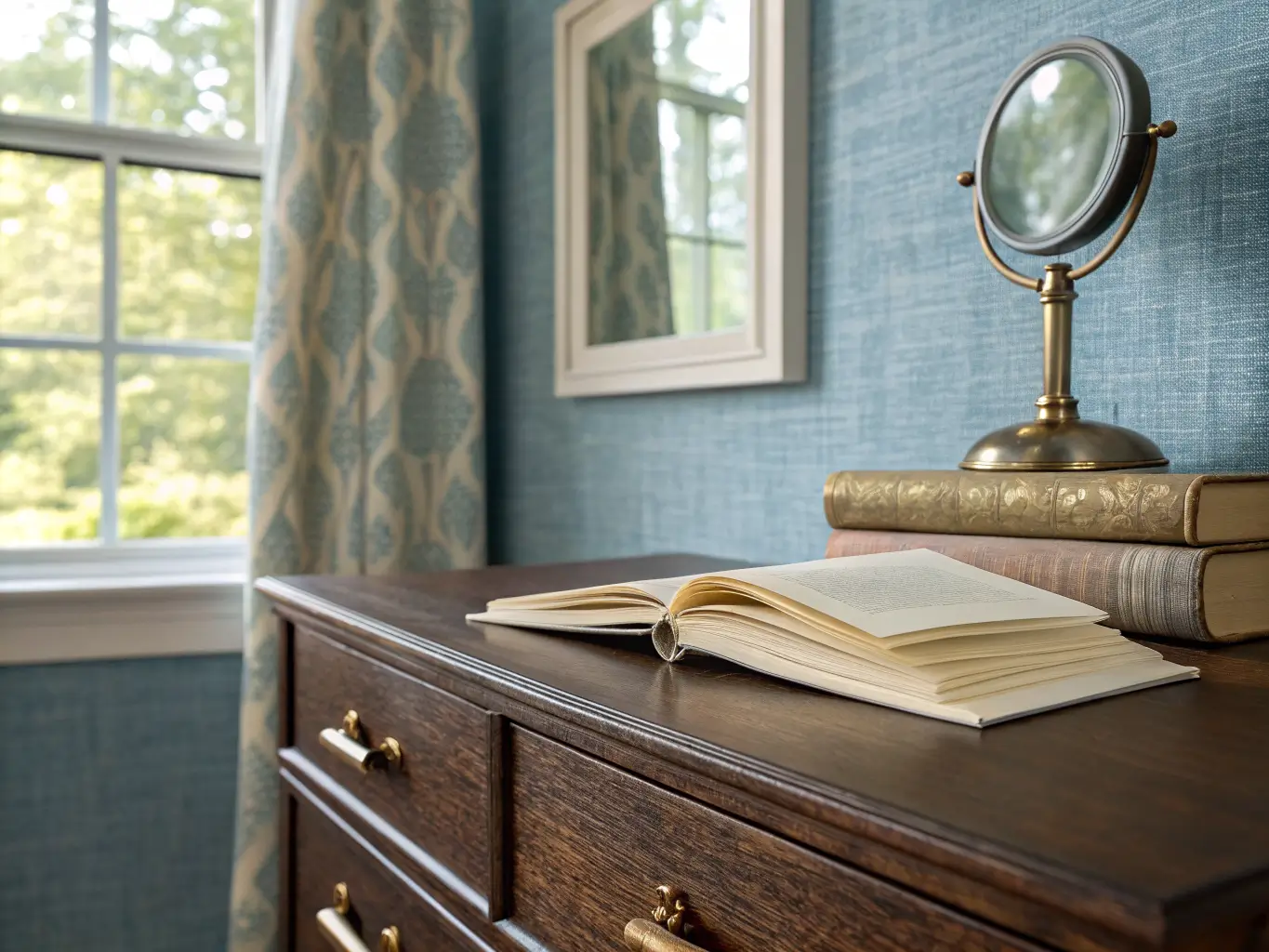 Macro detail of dusty blue linen-textured wallpaper beside a brass drawer pull and cream paper on a dark walnut desk, with soft window light and a blurred silver-framed mirror behind.