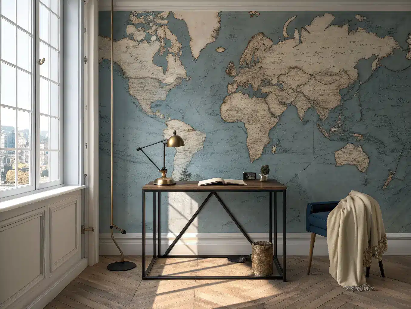 Photorealistic study with sepia and dusty blue map mural behind a minimalist black desk, brass lamp and leather journal, navy chair with cream throw, and late afternoon sunlight casting soft shadows.