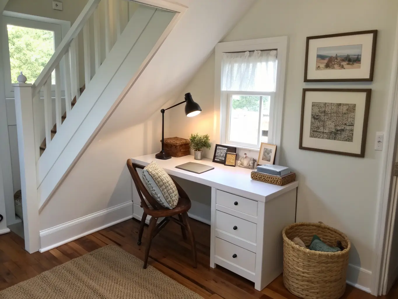 Small stair-landing window-nook study with a white corner desk under a sloped ceiling, sheer curtains, black task lamp, rattan basket, line-art print, and oak floor with jute mat in soft afternoon light.
