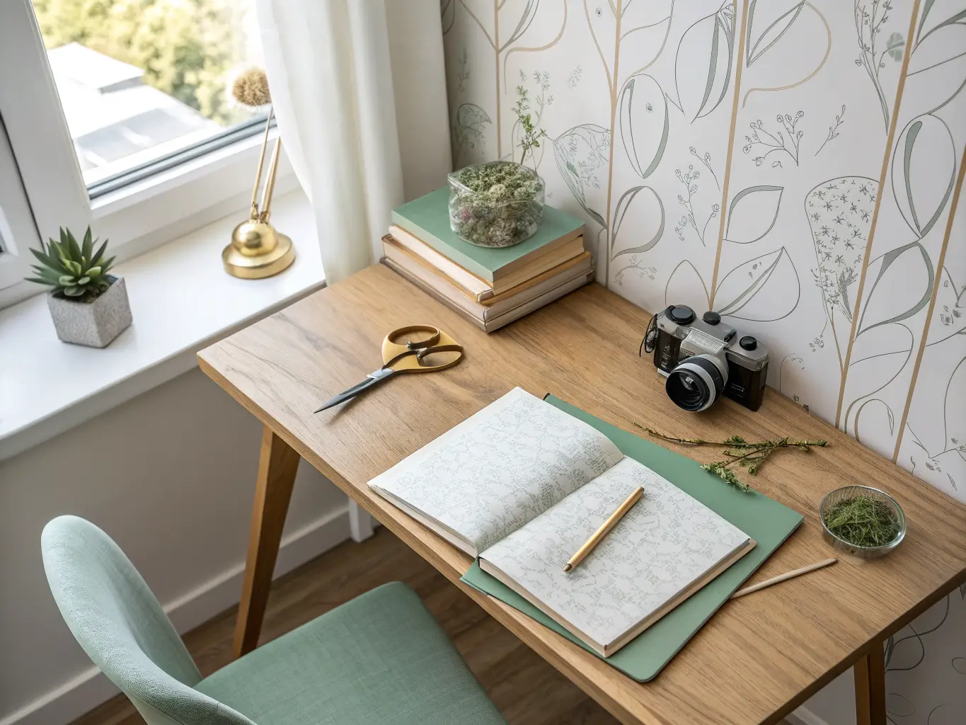 Overhead photo of a light oak desk against off-white wallpaper, with brass scissors, books, a small succulent, and a sage green linen desk pad in soft daylight.