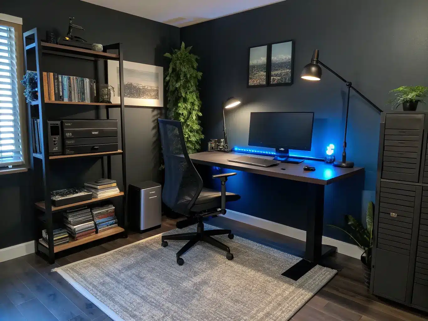 Tech-forward twilight home office with black matte walls, dark walnut sit-stand desk, dual monitors with concealed cables, black mesh chair on charcoal rug, sage plant, and brushed metal shelving under cool blue task light.
