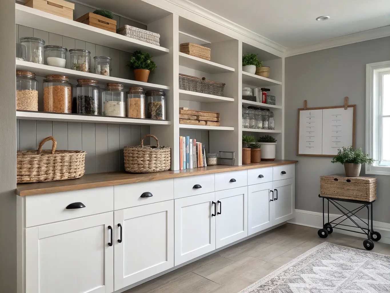 Photorealistic wide shot of a craft room storage wall with dove-gray walls, white oak floating shelves, matte white cabinets with black hardware, jars of buttons and beads, woven baskets, a pothos plant, design books, and a rattan-drawer rolling cart in warm afternoon light.