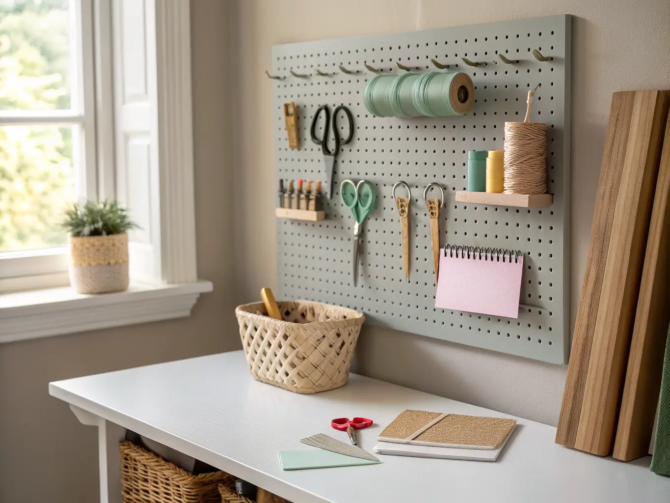 Close-up of a dove-gray pegboard above a craft table holding scissors, ruler, twine, ribbon spools, and a small basket of clothespins in soft midday light.