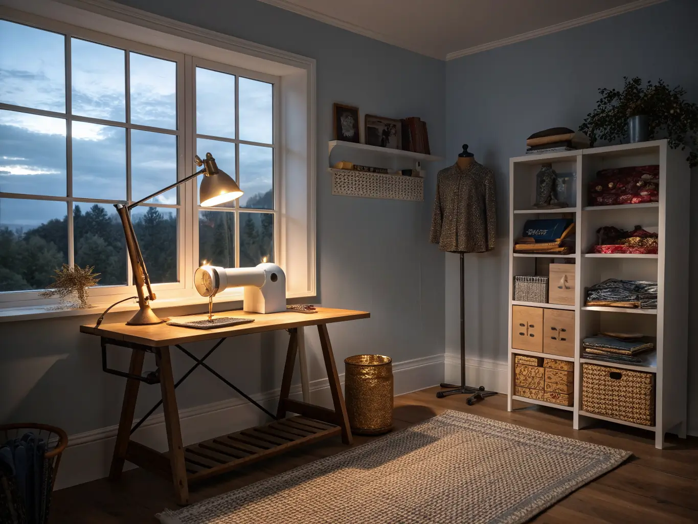 Photorealistic craft room at dusk with warm task lamp lighting a sewing machine and fabric swatches on a wooden table beside a cool blue-lit window.