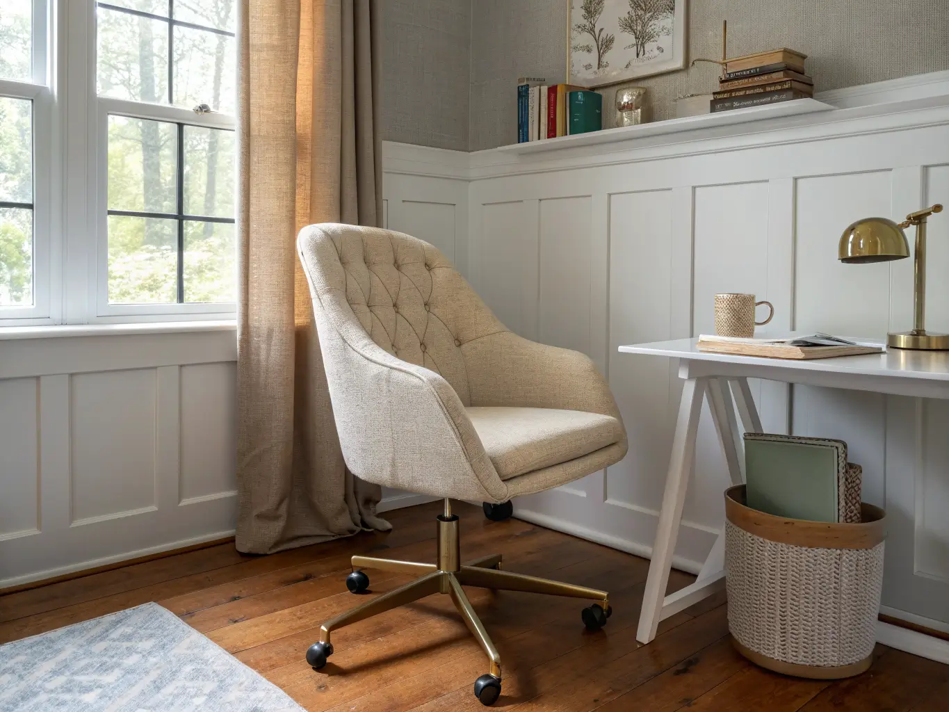 Cozy craft room corner with an oatmeal boucle office chair under a white worktable, side table with a mug and notebooks, jute rug, and soft afternoon light through sheer curtains.