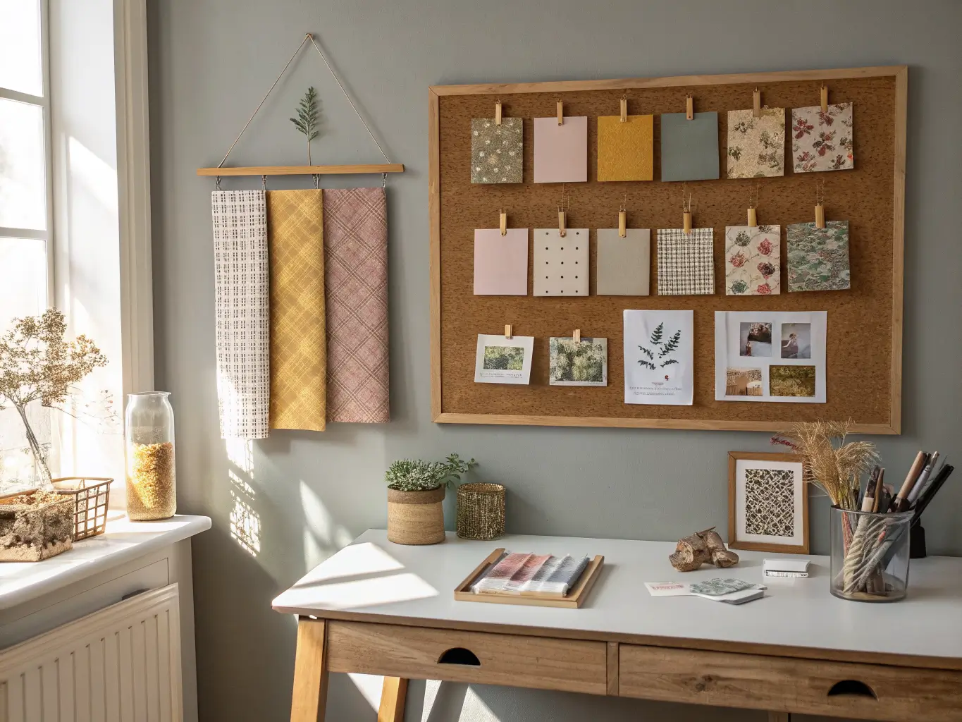Photorealistic craft room inspiration wall with a cork board of blush, sage, and mustard fabric swatches, handmade cards, and dried botanicals above a shelf of framed swatch art, lit by warm window light.